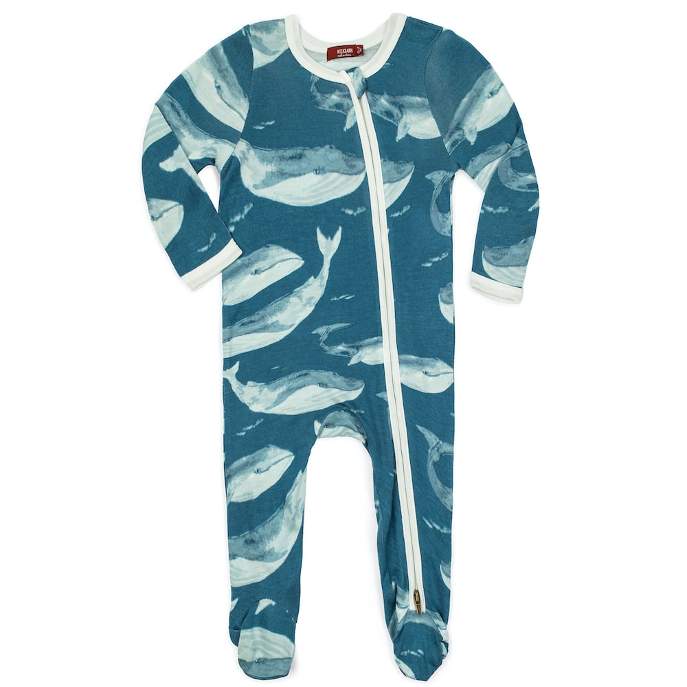 Blue Whale Bamboo Zipper Footed Romper