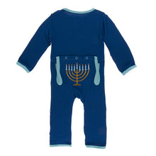 Load image into Gallery viewer, Holiday Applique Coverall in Navy Menorah
