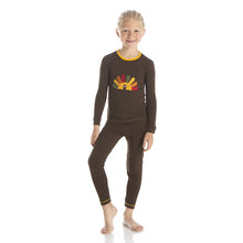Load image into Gallery viewer, Holiday Long Sleeve Applique Pajama Set in Bark Turkey with Fuzzy Bee Trim

