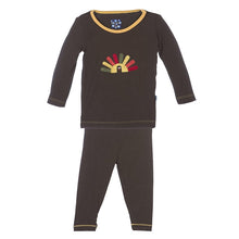 Load image into Gallery viewer, Holiday Long Sleeve Applique Pajama Set in Bark Turkey with Fuzzy Bee Trim
