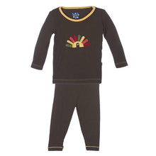 Load image into Gallery viewer, Holiday Long Sleeve Applique Pajama Set in Bark Turkey with Fuzzy Bee Trim