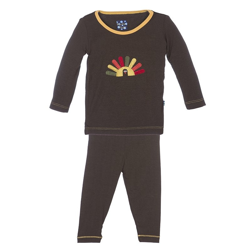 Holiday Long Sleeve Applique Pajama Set in Bark Turkey with Fuzzy Bee Trim