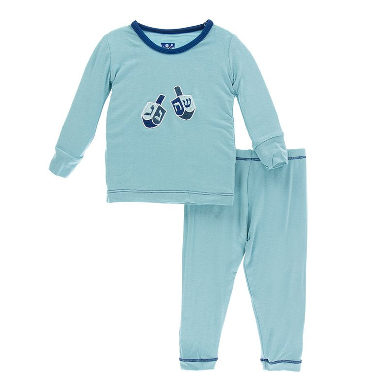 Holiday Long Sleeve Applique Pajama Set in Glacier Dreidel