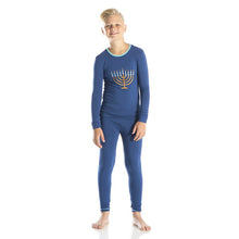 Load image into Gallery viewer, Holiday Long Sleeve Applique Pajama Set in Navy Menorah