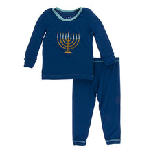 Load image into Gallery viewer, Holiday Long Sleeve Applique Pajama Set in Navy Menorah
