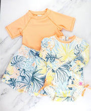 Load image into Gallery viewer, Melon Short Sleeve Rash Guard & Birds of Paradise Swim Trunks