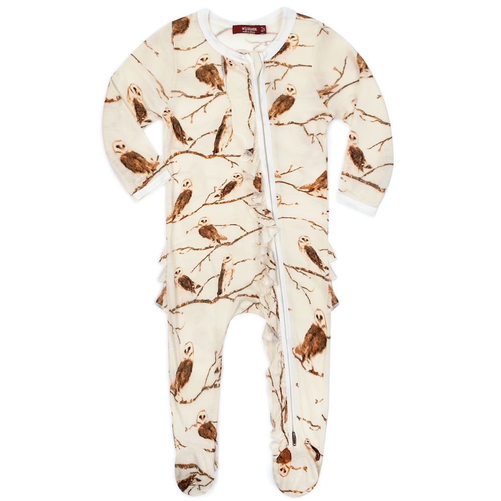 Owl Bamboo Ruffle Zipper Footed Romper