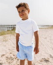 Load image into Gallery viewer, Cornflower Blue Gingham Swim Trunks &amp; White Short Sleeve Rash Guard
