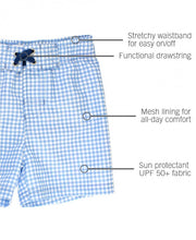 Load image into Gallery viewer, Cornflower Blue Gingham Swim Trunks &amp; White Short Sleeve Rash Guard

