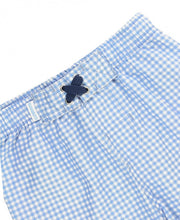 Load image into Gallery viewer, Cornflower Blue Gingham Swim Trunks &amp; White Short Sleeve Rash Guard
