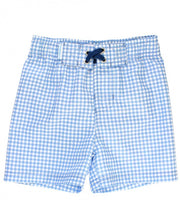 Load image into Gallery viewer, Cornflower Blue Gingham Swim Trunks &amp; White Short Sleeve Rash Guard
