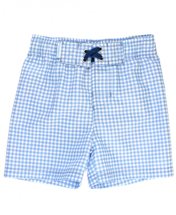 Cornflower Blue Gingham Swim Trunks & White Short Sleeve Rash Guard