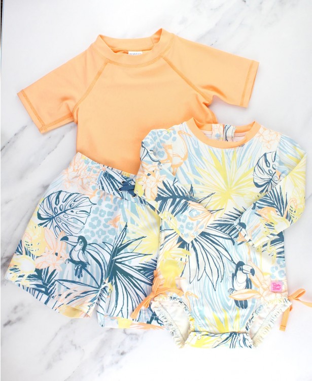 Melon Short Sleeve Rash Guard & Birds of Paradise Swim Trunks